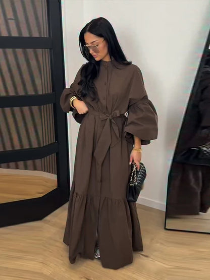 Casual Women Dress Belt Cinched Waist Long Sleeve High Collar Solid Single Breasted Female Dress Chic Lady Commute Summer 2026