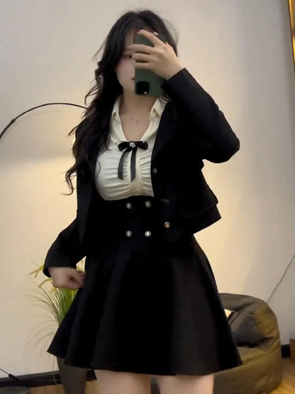 plus Size British College Style Set Women Spring Autumn Slimming JK Uniform Halter Half Skirt Shirt Two Piece Set Fashionable...