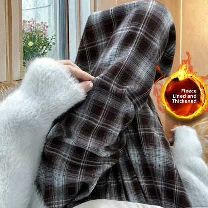 Lamb Velvet Fleece Lined Thick Plaid Casual Pants Women's Autumn Winter Loose Straight Leg Wide Leg Cotton Sleepwear Trousers