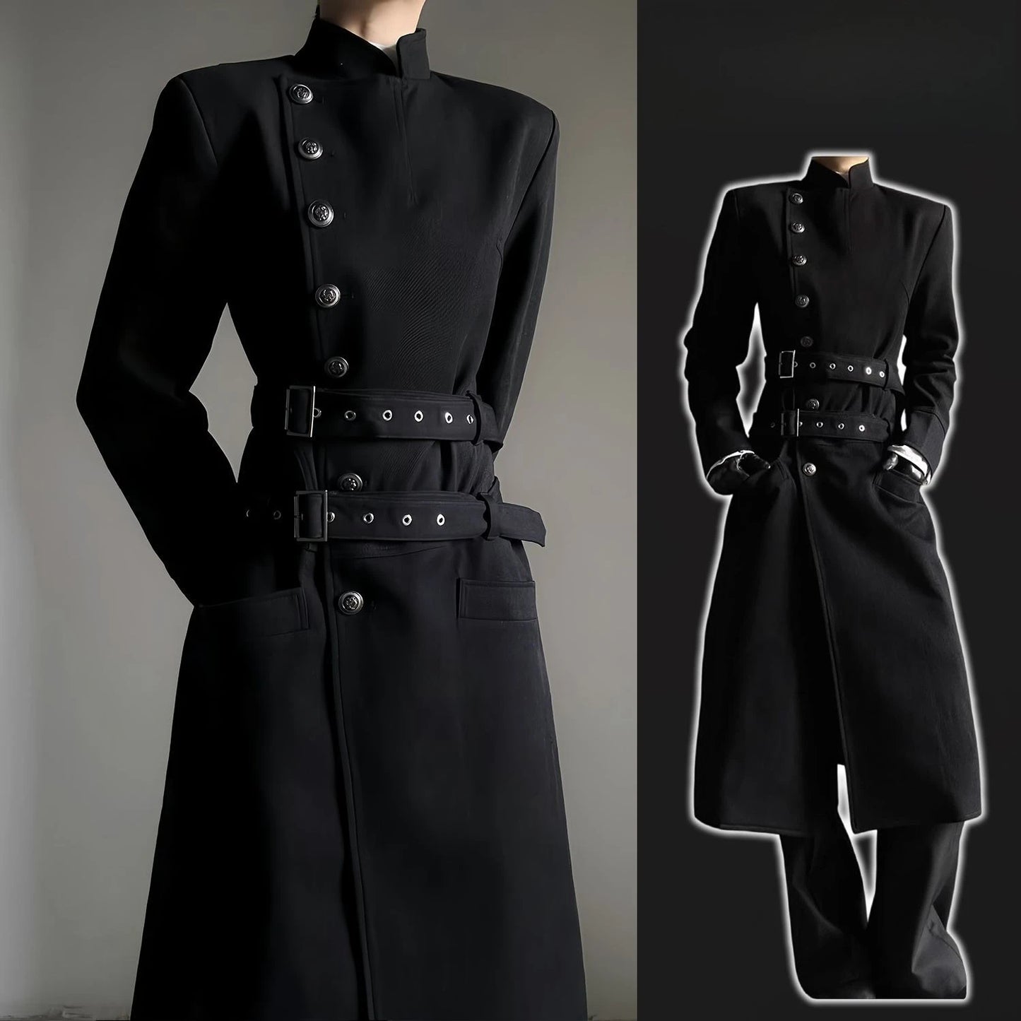 Black Belt Button Long Trench Coat Stand Collar Pad Shoulder Slim Fit Military Uniform  Cosplay Spring Autumn Unisex Men Women