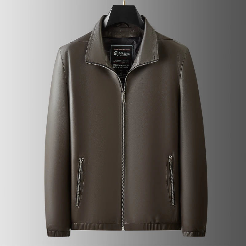 QYLVAWOY 2025 Winter New Real Leather Men's Leather Jacket Thickened Removable Goose Down Stand-Up Collar Blue Outerwear LJ2635