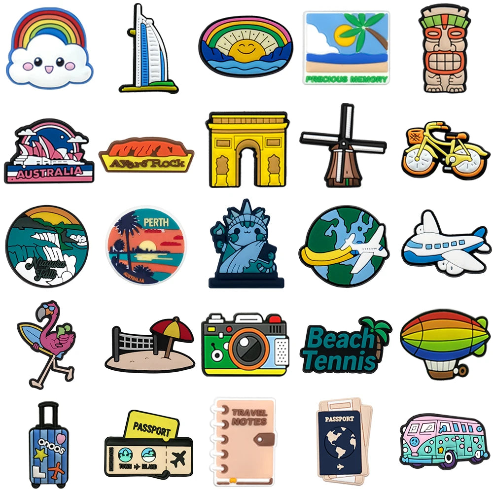1/25PCS Travel Theme Shoe Charms Set DIY Decorative Pins Cartoon Landmark Beach Theme Clogs Accessories Trendy Shoe Buckles