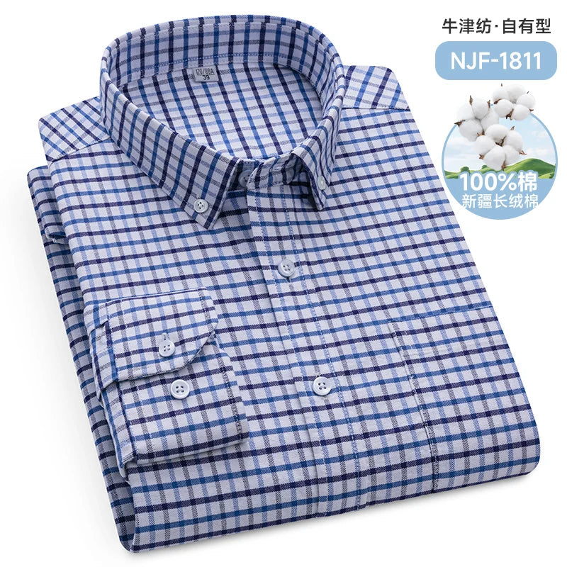 Classic Men's Long Sleeved Check Shirts 100% Oxford Cotton Casual Fashion Soft Plaid Stripe Solid Male Business Slim Fit Blouses
