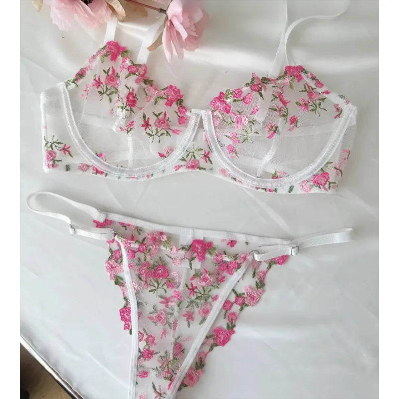 Sexy Floral Embroidery Mesh Bra Set Sweet Sheer Lace Lingerie Soft Comfort Breathable Underwear Suit Party Dating Daily Wear Bra