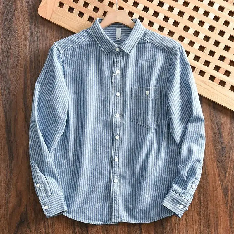 Amekaji Men's Pure Cotton Denim Long Sleeve Shirt Vertical Stripes Washed Vintage Slightly Loose Casual Button Down Shirt Top