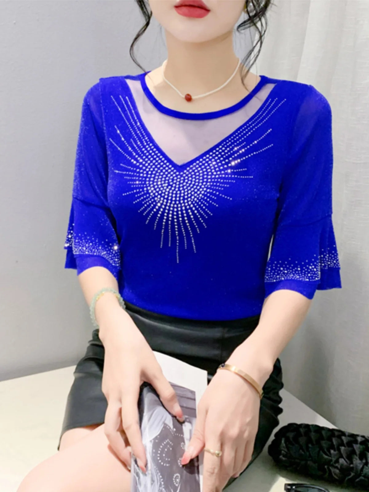 Sexy Hollow out Mesh Seven Quarter Sleeve Fashion Trend Summer T-Shirt Women Slimming Versatile Top Half Sleeve Small Shirt