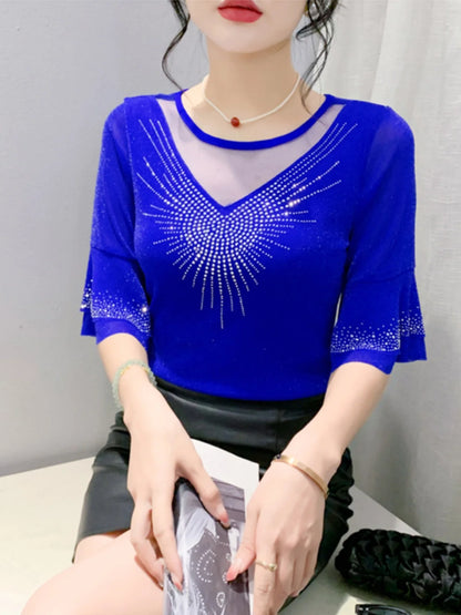 Sexy Hollow out Mesh Seven Quarter Sleeve Fashion Trend Summer T-Shirt Women Slimming Versatile Top Half Sleeve Small Shirt