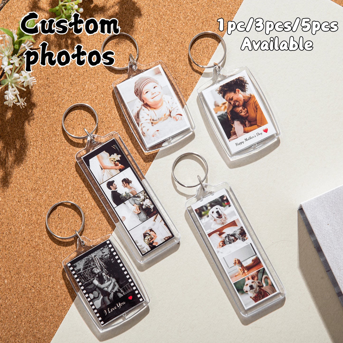 Custom 1pc/3pc/5pc Photo and Text Keychain, Photo Strip Keychain, Valentines Day Couple Gift, Custom Gift, Mother's Day Gift