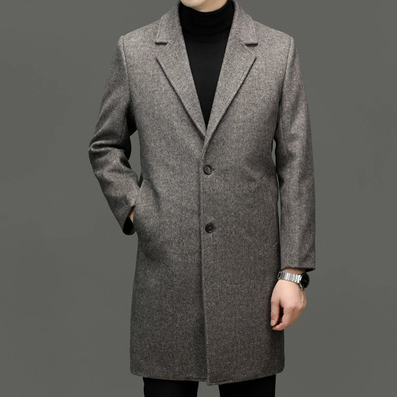 Fall Winter Men Sheep Wool Overcoat Gray Coffee Beige Notched Collar Design Cashmere Coat Male Business Causal Outerwear Office