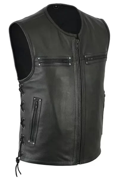 New Solid Color Vest Motorcycle Stand Collar Leather Waistcoat Biker Team Punk Style Streetwear Daily Wear Fashion Outerwear Top