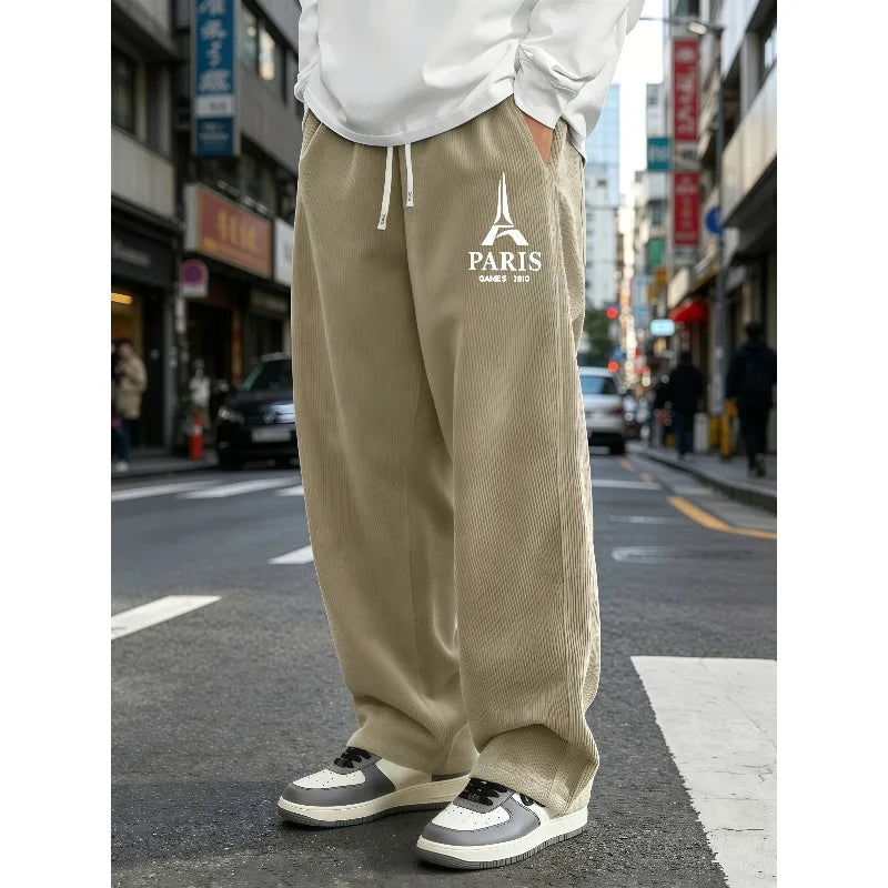 Mens Corduroy Wide Leg Trousers Elastic Drawstring Waist Eiffel Tower Letter Print Loose Straight Casual Street Pants S-4XL