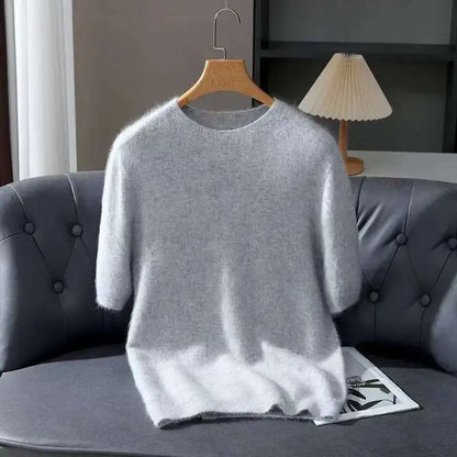 Spring Autumn 100% Mink Cashmere Short Sleeve Men's T-Shirt Loose O-Neck Solid Color Knit Sweater Casual Business Base Pullover