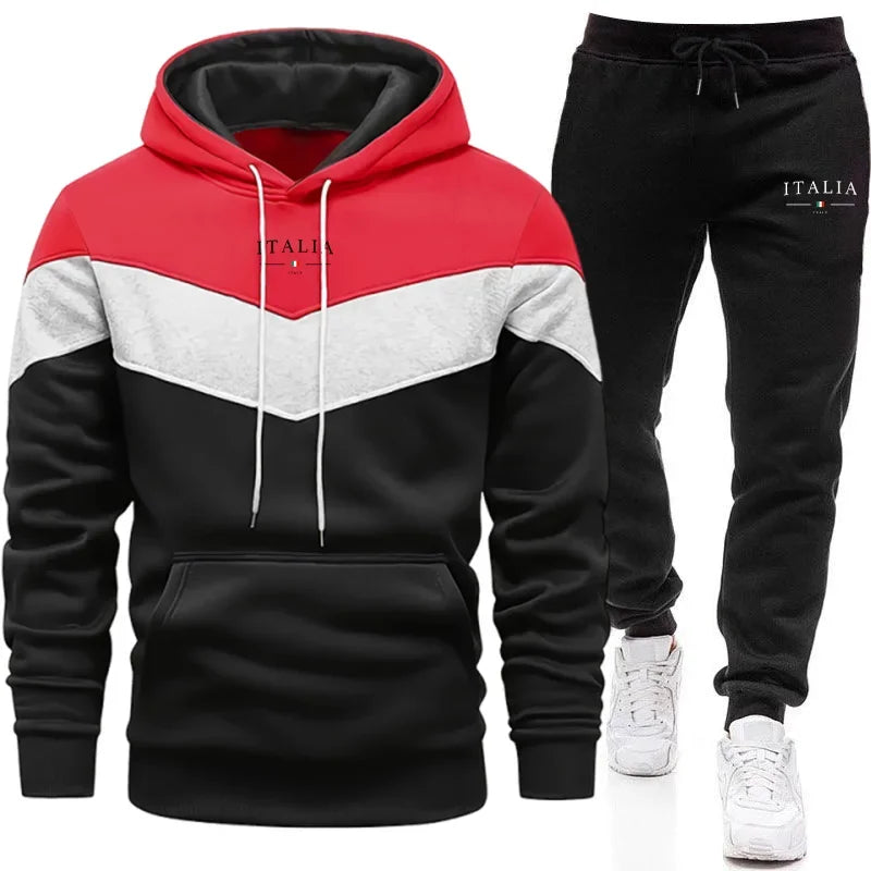 Italy Fashion Men Casual Sportswear Set Hooded Sweatshirt Winter Jogger Tracksuit Autumn Urban Fashion Hoodies Black Sweatpants