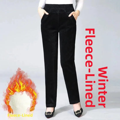 Thiened Fce Lined Corduroy Straight Leg Pants for Mom High Waist Korean Sle Commute Faion Winter Casual Trousers