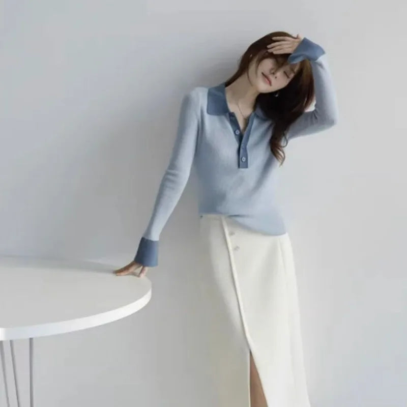 Long Sleeve Female Tee Knitted Button Women's Polo Shirts Contrasting Colors T-shirts Youthful Clothes Pretty Polyester on Offer