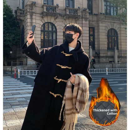 Japanese Style Woolen Coat with Horn Buttons Unisex Winter Loose Long Hooded Jacket Thickened Cotton Youthful Vitality Style
