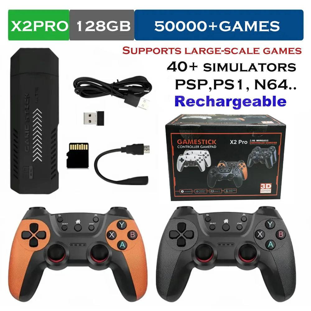 The X2 Pro video game console comes with 50,000 retro games and over 40 emulators, and is compatible with PS1/N64/PSP.