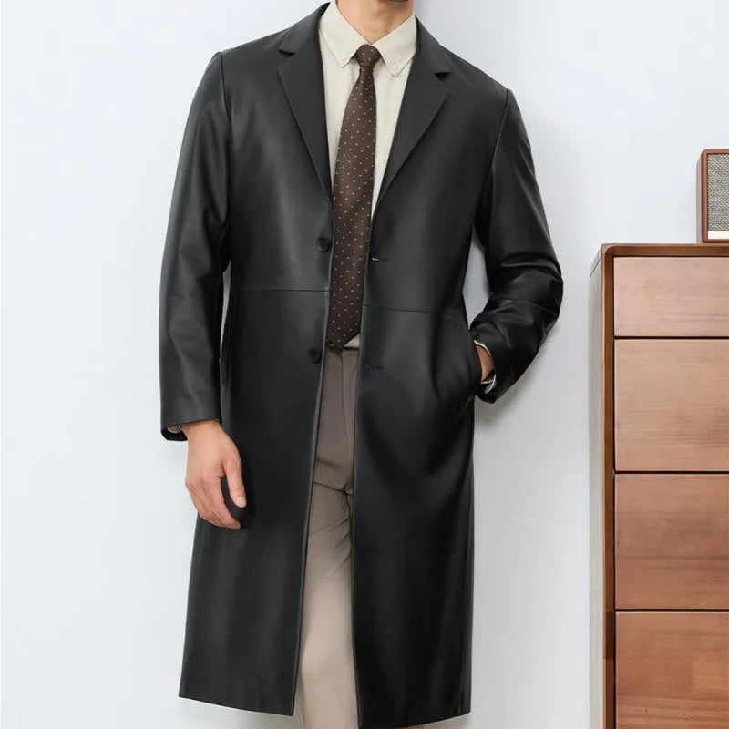 Business Casual Style Turn Down Collar Pocket Genuine Leather Long Jacket Single-Breasted Male Sheepskin Trench Outerwear