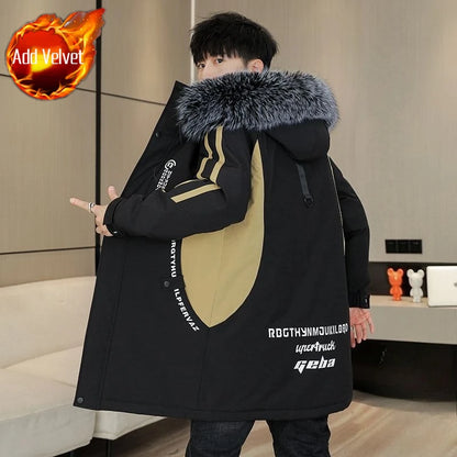 Men's Premium Hooded Long Coat Autumn Winter New Heavyweight Fleece Lined Warm Jacket Thickened Thermal Layering Design