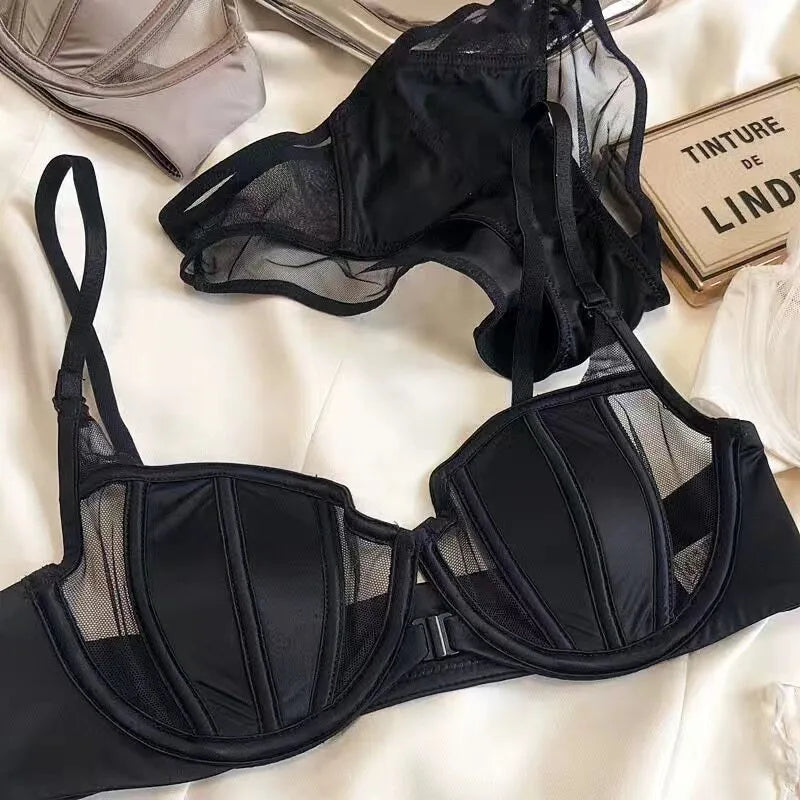 Front Fastening Push Up Bra Lingerie Set Sexy Satin Mesh Semi-Cup Underwired Lift Bra and Panty Set S-XL Size  Lingerie Sexy Set