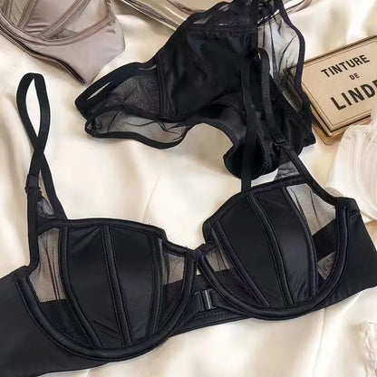 Front Fastening Push Up Bra Lingerie Set Sexy Satin Mesh Semi-Cup Underwired Lift Bra and Panty Set S-XL Size  Lingerie Sexy Set