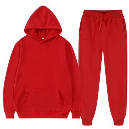 Winter Hoodie Sets Men Fashion Fleece Red Hoodies Black Brand Pants Casual Jogger Suit Tracksuit Sweatshirt Woman Pullover