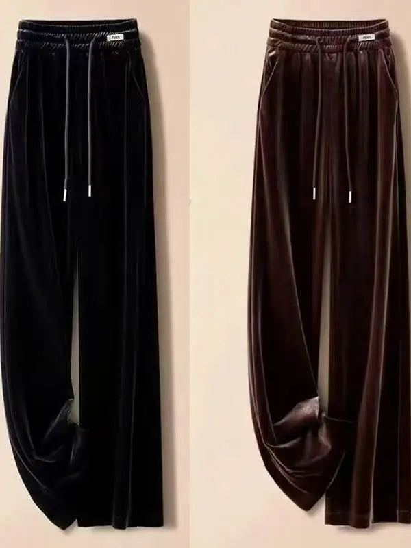 Fashionable Gold Velvet Wide Leg Pants Women's Winter Loose Slimming High Waist Fleece Casual Straight Long Trousers