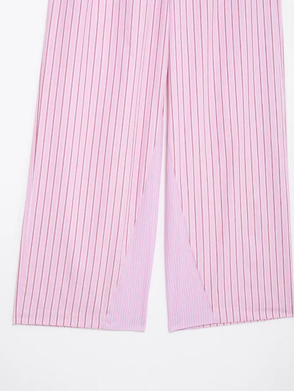 HH Women Striped Pants Suit Lapel Pocket Single-breasted Blouse+Side Zipper Lace Short Top+High Waist With Belt Poplin Pant