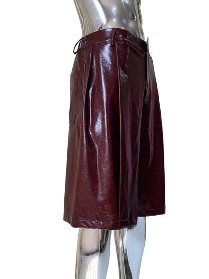 Mauroicardi Autumn Cool Handsome Waterproof Shiny Burgundy Pu Leather Straight Shorts for Men High Waist Luxury Designer Clothes