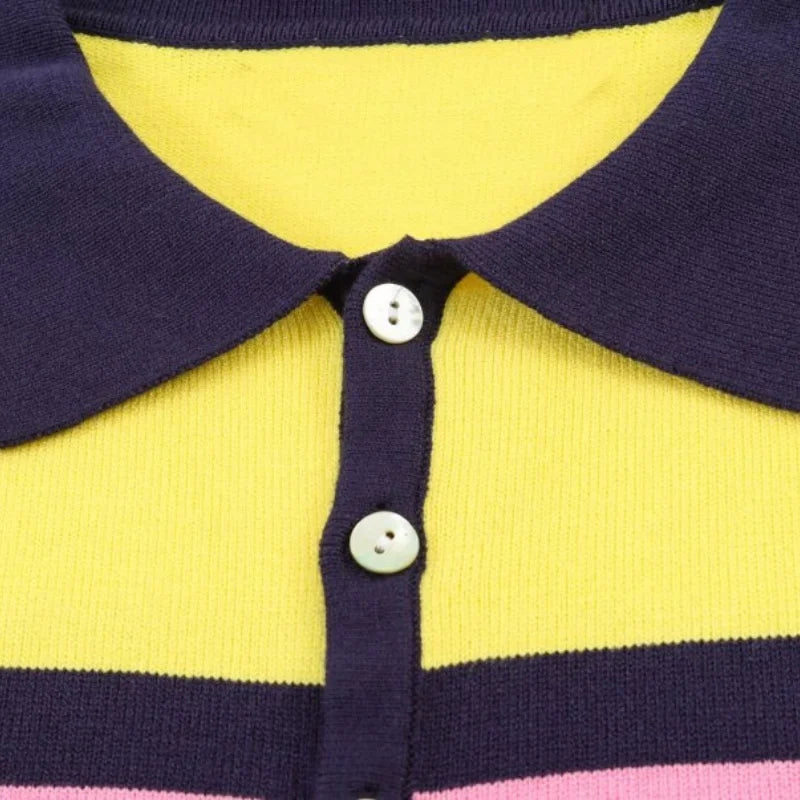 2026 New Dopamine Color Striped Polo Knit T-shirt Women Short Sleeve Lapel Knit Top Casual Daily Wear Outfits Summer Fashion