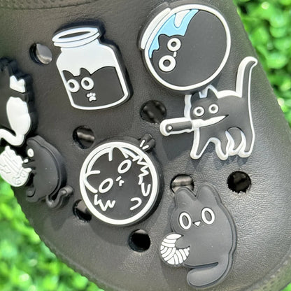 New 1-13pcs Cute Animal Black Cat PVC Garden Shoe Charms Sandal Buckle Boys Girls Cartoon Hole Slipper Accessories DIY Backpack