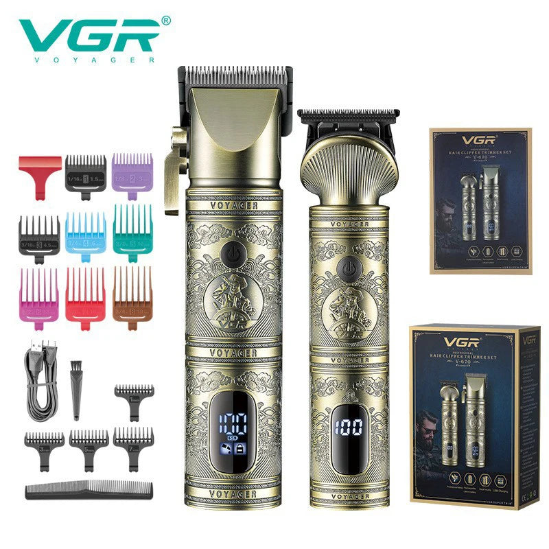 VGR professional high-end hair trimmer set, retro metal electric push shear, home LED intelligent digital hair clipper, shaver