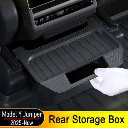 Rear Center Console Organizer for Tesla Model Y Juniper 2025 2026 Trash Can 2nd Row Under Floor Storage Box Bin Mat Accessories