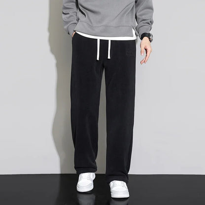 Winter Velvet Lining Trousers Men Outdoor Jogger Sweatpants Neutral  Solid Color Baggy Thickened Winter Fleece Loose Cargo Pants