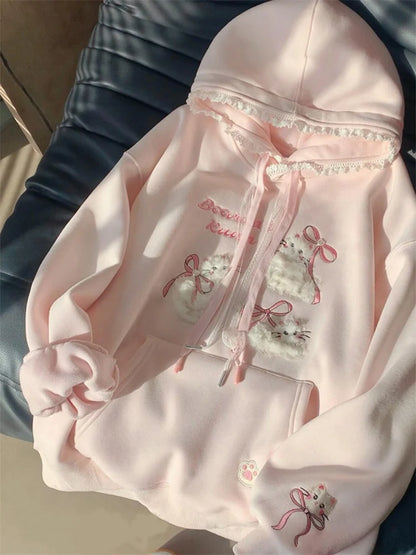 Pink Embroidered Lace  Hoodie Women's Spring Autumn Thickened Loose Casual Top Coat Korean Style Long Sleeve Zipper
