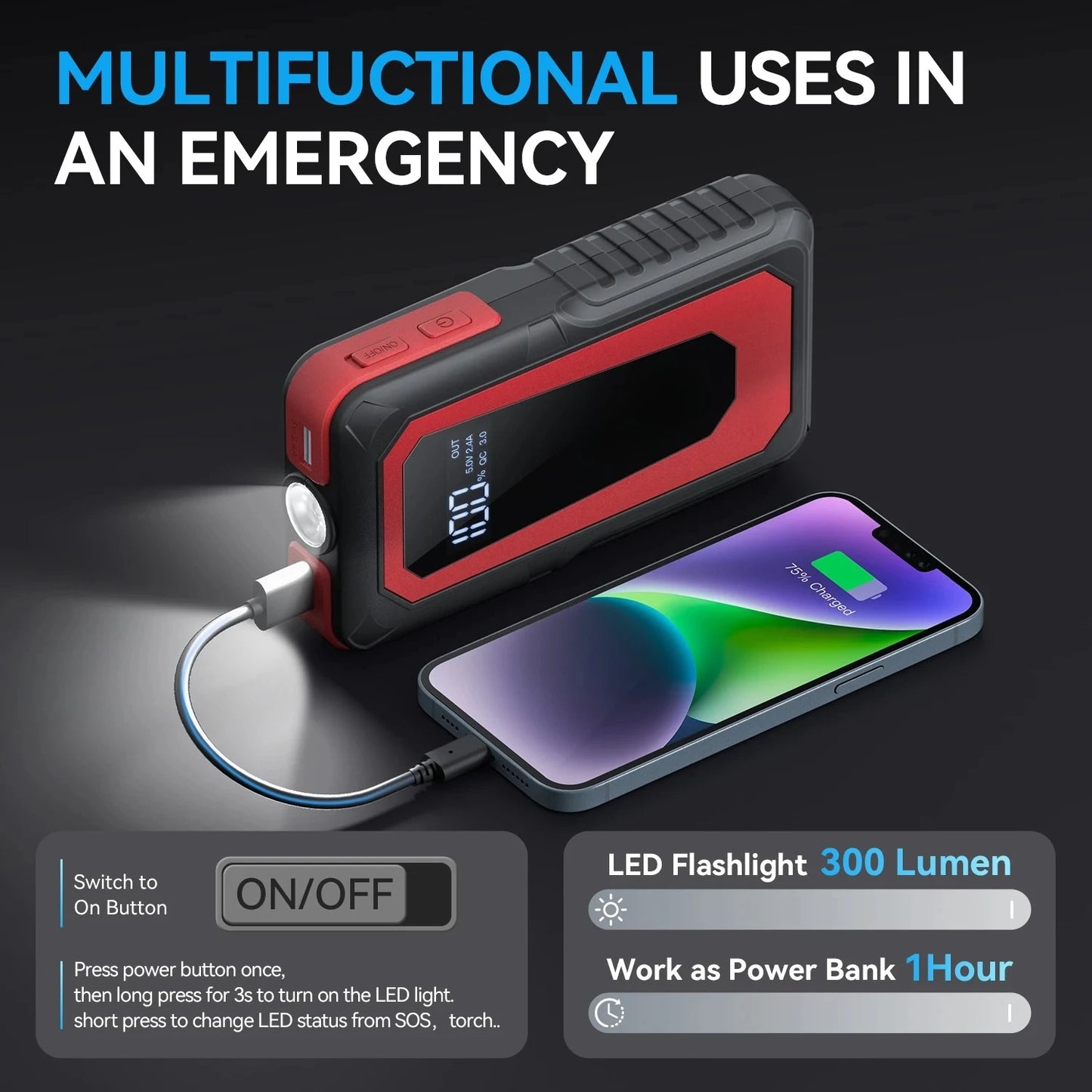 2000A Car Jump Starter Supply Battery Starter Booster Auto Starting Device Portable Power Bank 12V Battery Jump Starter