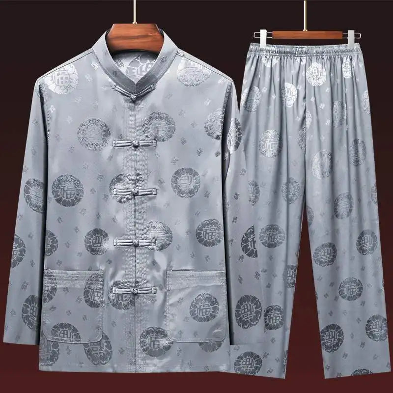 Men's Long Sleeve Ice Silk Tai Chi Suit Traditional Chinese Hanfu Vintage Style Tang Costume Elderly Fashion Dad's Clothing