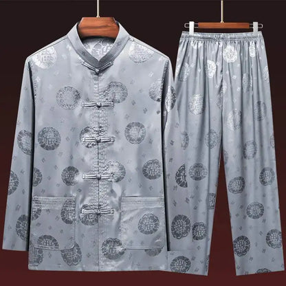 Men's Long Sleeve Ice Silk Tai Chi Suit Traditional Chinese Hanfu Vintage Style Tang Costume Elderly Fashion Dad's Clothing
