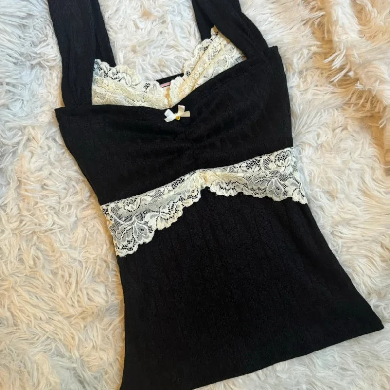 Y2k Coquette Lace Trim Crop Top Women 00s Vintage Aesthetic Grunge Slim Fit Vest Retro Cottage Tank Tops Clothes