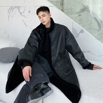 New Faux Fur-Lined Trendy Warm Winter Men's Coat Faux Fur Jacket  Fleece Lining Thickened Long Trench Coat Faux Leather Jacket