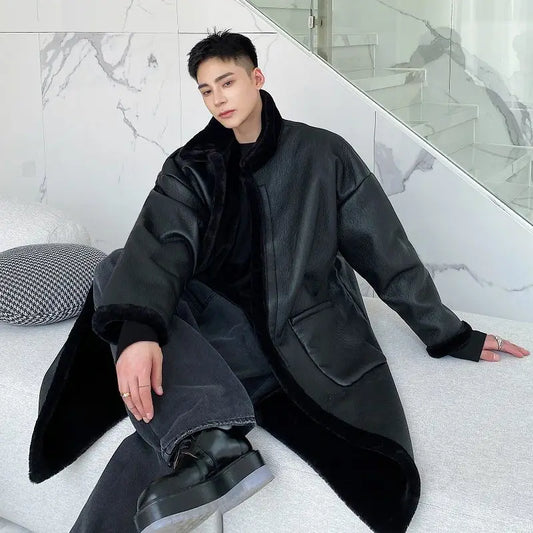 New Faux Fur-Lined Trendy Warm Winter Men's Coat Faux Fur Jacket  Fleece Lining Thickened Long Trench Coat Faux Leather Jacket