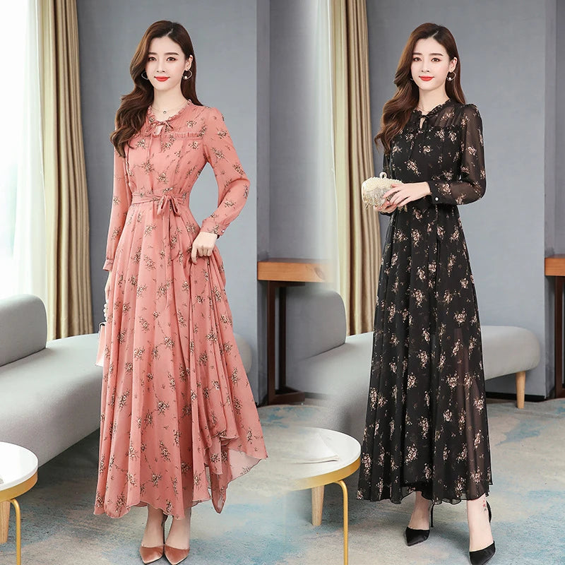 Fashionable new women's dress, chiffon long sleeve, Korean style floral print, new autumn and winter product, large hem, slimmin