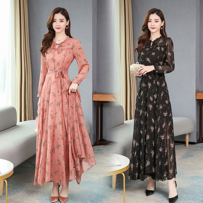 Fashionable new women's dress, chiffon long sleeve, Korean style floral print, new autumn and winter product, large hem, slimmin