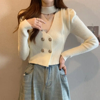 Elegant V-Neck Bubble Sleeve Knitwear Short Top Fashion Trend Neck Hanging Style Girl's French Style Slim Fit Long Sleeve Autumn