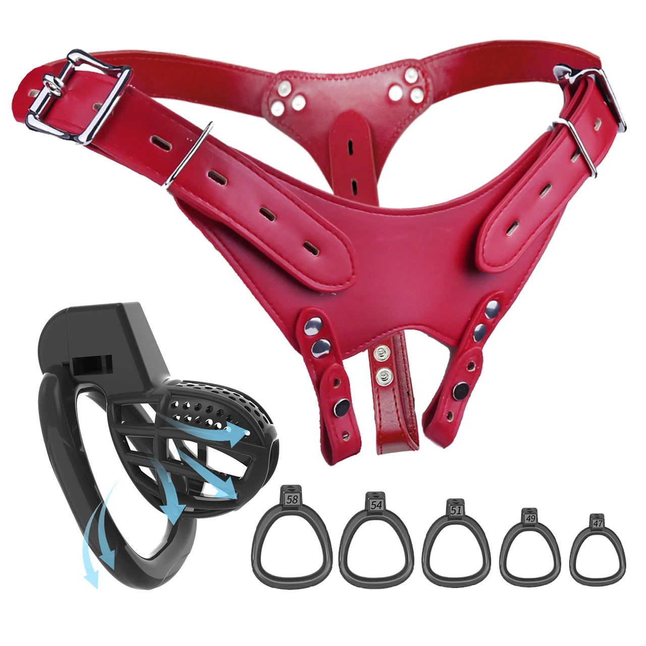 Secure Adjustable Male Chastity Harness Kit with Birdcage Cage - 5 Ring Sizes Black Penis Chastity Device for Long Term Wear, Co