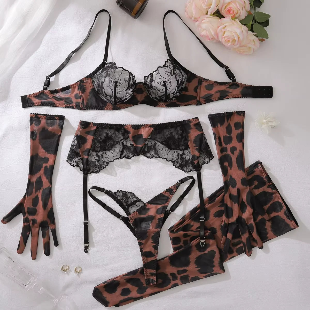 MUZISKAT Women's Splicing Underwear Super Sexy Lace Leopard Pattern Gloves Silk Socks Underwear Set Five Piece Set