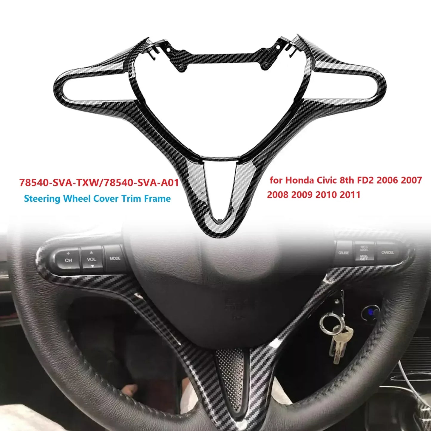 Carbon Fiber Style Steering Wheel Cover Panel Trim 78540-SVA-A01 For Honda Civic 8Th FD2 2006 2007 2008 2009 2010 2011