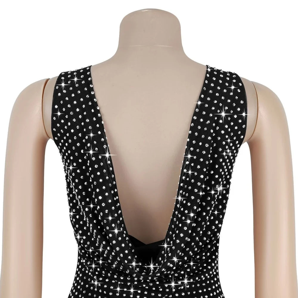 RLMABABY Sexy Swinging Collar Diamond Women Club Bodycon Dress Sleeveless Backless Evening Party Long Prom Dress