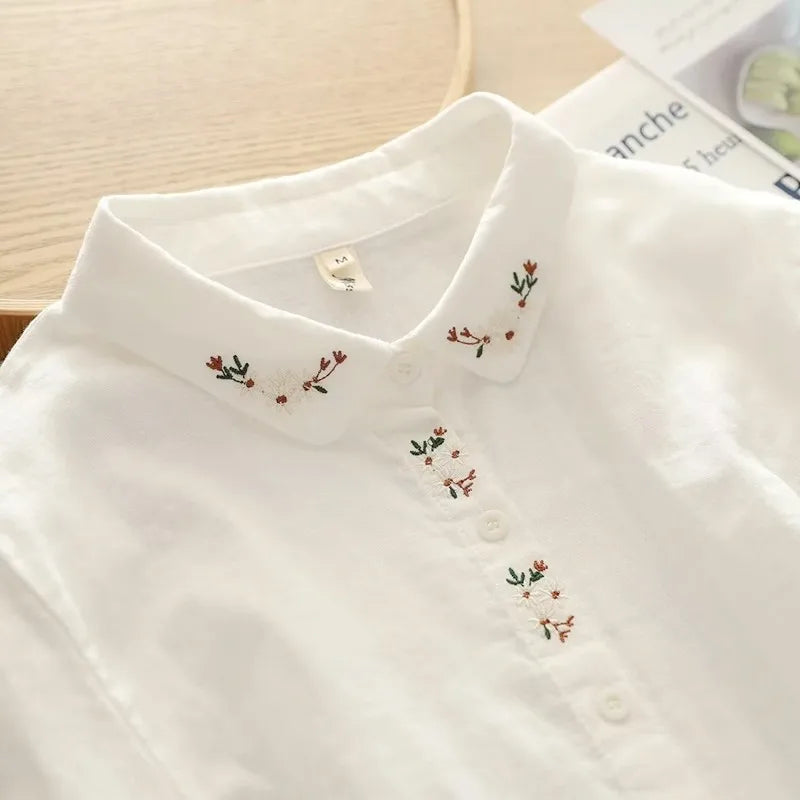 Elegant Embroidered Flower Doll Collar Double Layer Cotton Baby White Shirt Women Long Sleeve Base Shirt Trendy Commute Style...