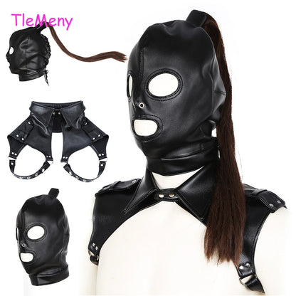 Professional Pony Play Mask with Hair Ponytail BDSM Bondage Hood Shoulder Harness Set Slave Role Play Fetish Gear Adult Toy